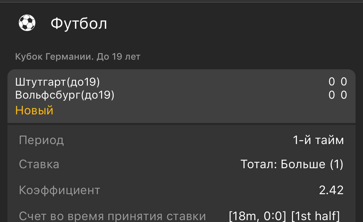 Футбол. Кубок Германии U19 (Германия). Штутгарт U19 - Вольфсбург U19. Прогноз: 1-й тайм ТБ (1)