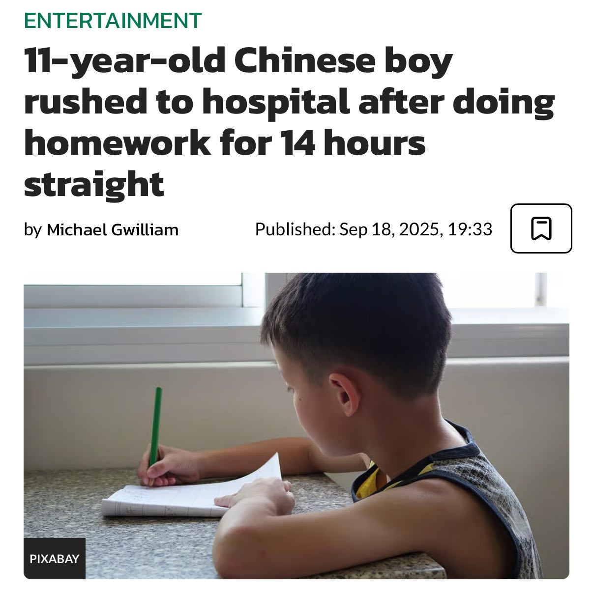 Школьник из Китая в больнице после длительной учёбы