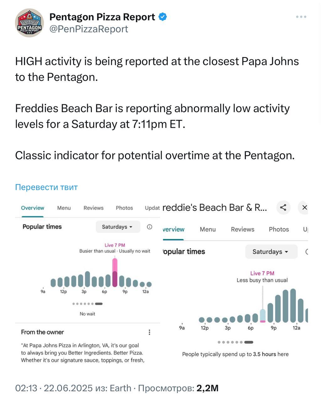 «Папа Джонс» и гей-бар предсказали атаку бомбардировщиков США