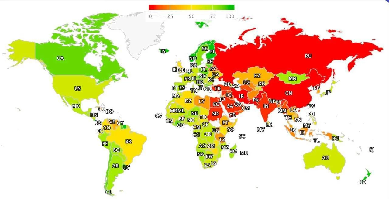 Россия заняла второе место с конца в мировом рейтинге свободы интернета