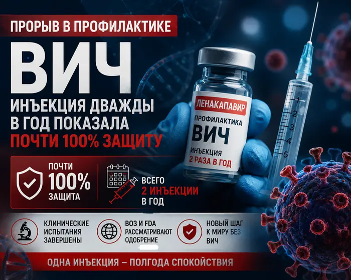 🧬 Прорыв в профилактике ВИЧ: инъекция дважды в год показала почти 100% защиту